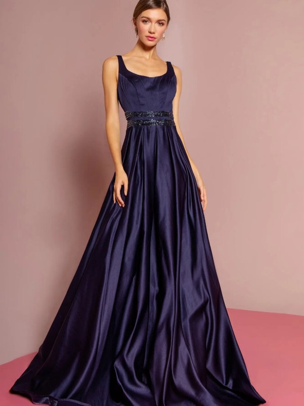 NEW NAVY Satin Scoop Neck Prom Gown Embellished Formal Elegant GL2531